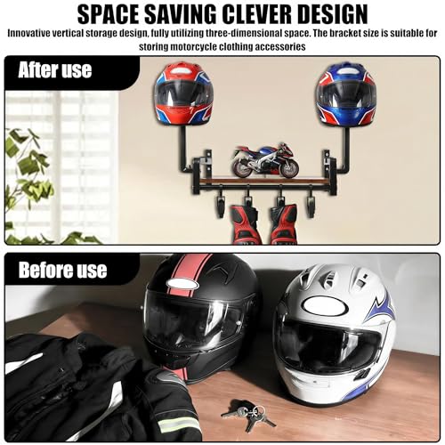 Helmet Wall Mount, Motorcycle Helmet Holder with Walnut Wood Shelf, 2 Helmets Stand, 4 Glove Chips and 2 Hooks, Helmet Display Mount for Most of Helmet and Clothes