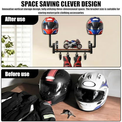 Helmet Wall Mount, Motorcycle Helmet Holder with Walnut Wood Shelf, 2 Helmets Stand, 4 Glove Chips and 2 Hooks, Helmet Display Mount for Most of Helmet and Clothes