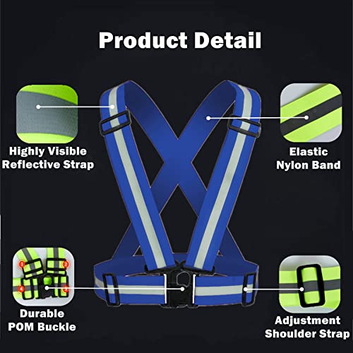 Reflective Strap Safety Vest Gear - 2-10 Pack Adjustable High Visible Reflective Running Gear for Women Men Night - color: Blue x2