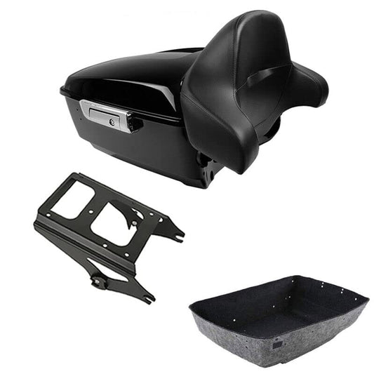 TCMT King Motorcycle Trunk Box Wrap-around Backrest Detachables Two-Up Mounting Rack Fit For Harley 2009-2013 Touring Road King Road Street Electra Glide Pack - color: Set A#Black Rack, size: King Trunk With Speaker Holes