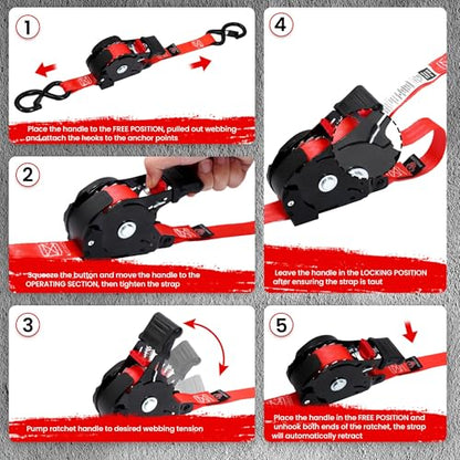 Retractable Ratchet Straps 4 Pack, 1 in x 12 FT Auto Ratchet Straps for Motorcycle, Kayak and Trucks, Breaking Strength 1,500LBS/500LBS Working Load Limit Red - color: Red