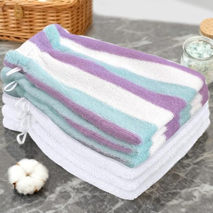 VOOVA & MOVAS Kids Bath Mitts 6-Pack, 100% Cotton Soft Absorbent Wash Cloths with Hanging Loop, 8.3x6.3 Inch European Style Bath Mitt for Toddler Shower, Purple Aqua Stripe & White - color: Purple Aqua Stripe&white