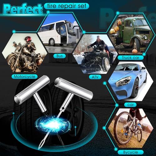 Saillong Tire Plug Tool Heavy Duty Plug Kit Stainless Steel T Handle Set Spiral Probe and Split Eye Needle Tire Repair Set for Automobiles Motorcycles Bicycles Car Truck