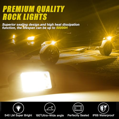Nicoko 4Pods Pure Yellow 72 LEDs SMD Chips 72w High Power Rock Lights Super Bright Yellow Offroad Car Boat Underglow Lights IP68 Waterproof for Truck SUV UTV ATV RZR - size: Pure yellow rock lights - 4 pack