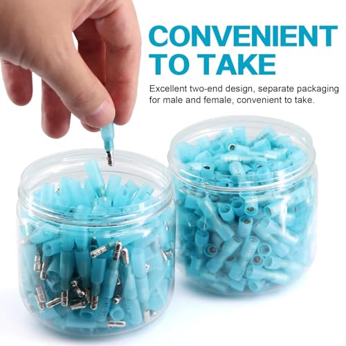 300PCS Heat Shrink Bullet Connectors AWG 16-14, Male & Female Marine Grade Waterproof Electrical Insulated Wire Connectors, Blue Quick Disconnect Wire Crimp Terminal for Boat Automotive - size: AWG 16-14