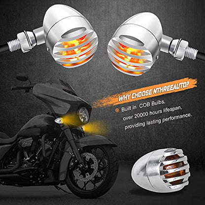 NTHREEAUTO Universal Motorcycle Blinkers Bullet LED Turn Signals Indicator Front Compatible with Harley Dyna, Honda Shadow, Kawasaki Vulcan, Yahama, Bobber, Suzuki 12V Motorbikes - color: Chrome/Amber
