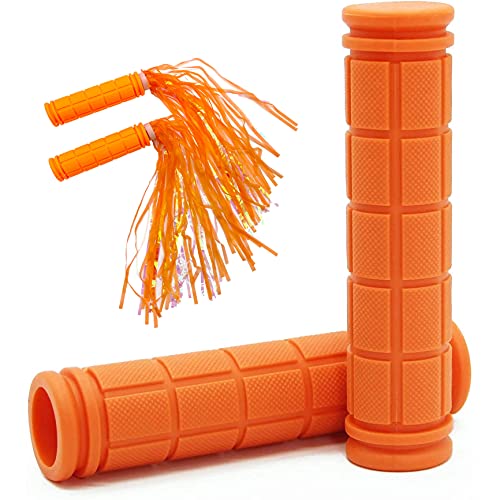 Bike Handle Grips with Tassel Streamers for Girls Boys and Kids, Non-Slip Bicycle Handlebar Grips Cover for Mountain Bike, Scooters Road Bike BMX MTB Cycling Replacement Parts - color: Orange & Streamers