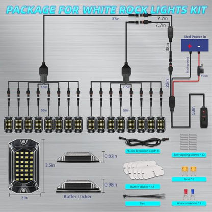 16Pods Full Angle All Pure White LED Rock Lights Full Kit Plug and Play & Pre Wired 6500K with Switch Harness Wiring Extension Fuse, 448Chips Waterproof Underglow 12V for Semi Trucks Pickup Offroad - size: 16Pods