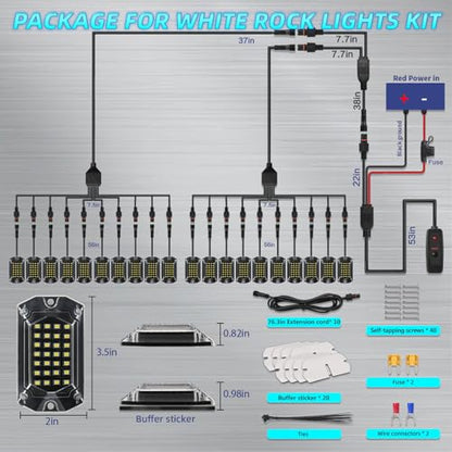 20Pods Full Angle All Pure White LED Rock Lights Full Kit Plug and Play & Pre Wired 6500K with Switch Harness Wiring Extension Fuse, 560Chips Waterproof Underglow 12V for Semi Trucks Pickup Offroad - size: 20Pods