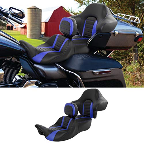 C.C. RIDER Driver Passenger Seat with Rider Backrest and King Tour Trunk Backrest Pad fit for Harley Touring Road King Street Glide Road Glide Electra Glide 2014-2023 - color: 02# Blue (Seat With Backrests)