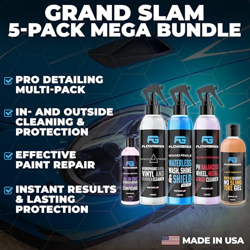 Grand Slam 5-Pack - Waterless Car Wash Detailing Spray, Tire Shine Gel, Scratch Remover, Wheel Metal Rust Cleaner, Interior Cleaner & Protector, 2 Microfiber Towels - color: Grand Slam 5-Pack