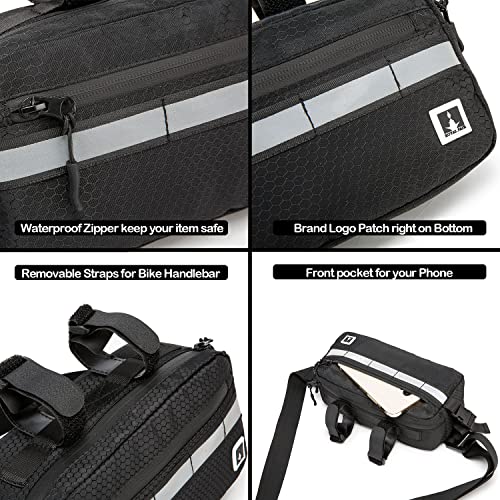 ROYALFAIR Waterproof Bike Handlebar Bag with Reflective Strips & Shoulder Strap, Bicycle Front Frame Storage Pouch for Mountain Road Cycling Commuting (Black) - color: Black