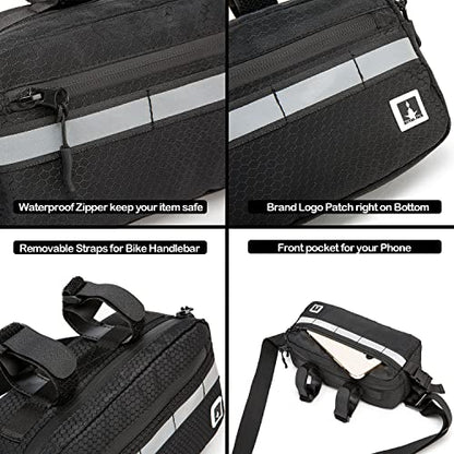 ROYALFAIR Waterproof Bike Handlebar Bag with Reflective Strips & Shoulder Strap, Bicycle Front Frame Storage Pouch for Mountain Road Cycling Commuting (Black) - color: Black