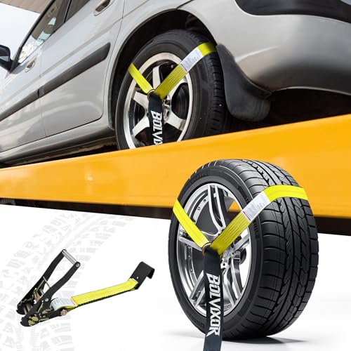 4 Pack Car Tie Down Straps for Trailers - 2" x 96" - 9900LBS Break Strength - Heavy Duty Tire Ratchet Straps with Flat Hooks for Hauling UTV, SUV, Truck, Any Cars - color: Yellow