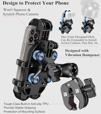 BRCOVAN Anti-Shake Motorcycle Phone Mount Holder with Vibration Dampener | Fit Handlebars 0.5'' to 1.5'' in Diameter, Adjustable Cellphone Clip for Bike Bicycle Scooter ATV, Fit 5.4-6.9'' Smartphones