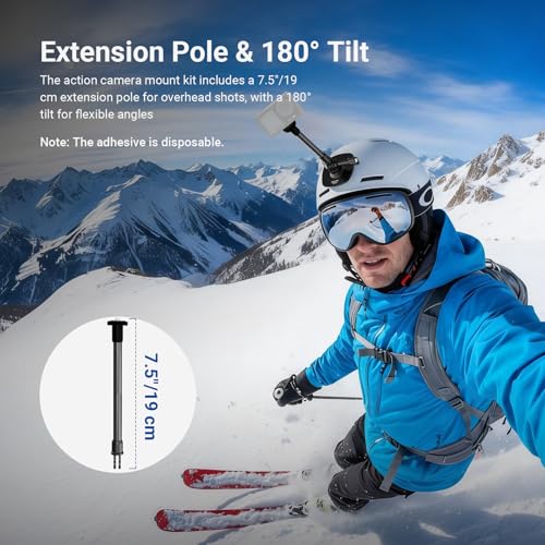 NEEWER Flexible Helmet Mount with Extension Pole Compatible with Insta 360 GoPro DJI, Adhesive Action Camera Holder Base Adapter for POV Video Recording Live Streaming, for 1/4" Accessories, AC060 - style: AC060