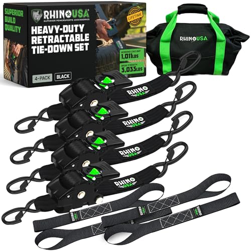 Rhino USA Retractable Ratchet Straps (4-Pack) - 2 Inch x 10 Feet (3,033lb Break Strength) - Heavy Duty Auto Self Retracting Tie Down Straps for Truck, Cargo Trailer, Motorcycle, Rad & More - Black - color: Black, size: 4PK