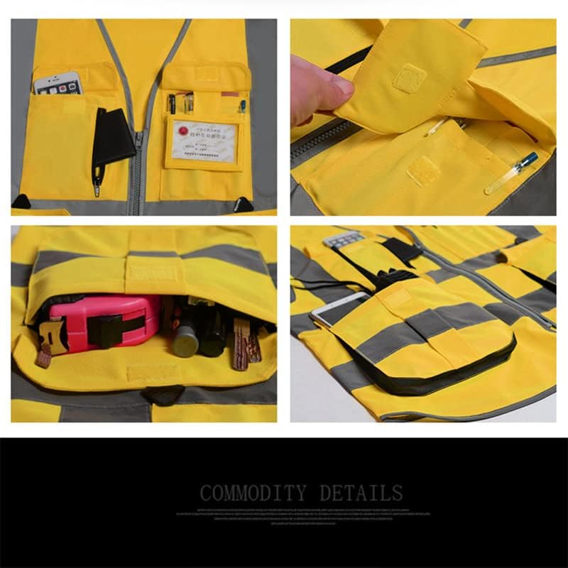 High visibility reflective safety vest multi pockets Hi-vis vest workwear safety waistcoat with reflective strips - color: Gold, size: X-Large