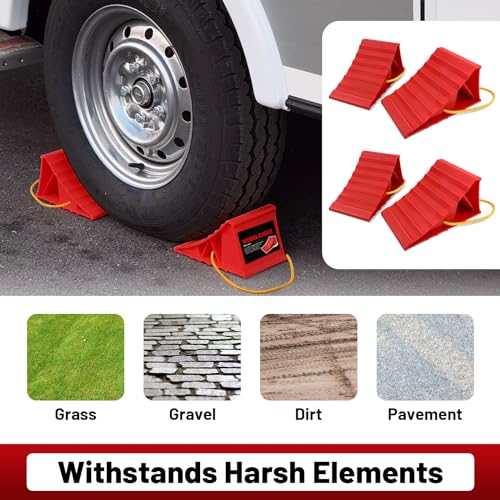 HOXWELL 2 Pair Wheel Chocks for Travel Trailers, Non Slip Heavy Duty Red Wheel Chock with Rope, Lightweight Wheel Stoppers for Cars Campers Trucks RVs, Easy to Carry & Suitable for Most Tyre Sizes - size: Red-2 Pairs