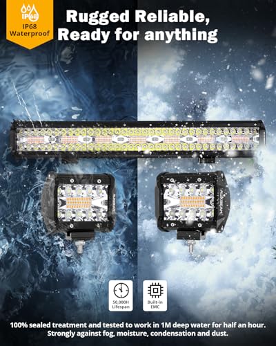 Auxbeam 6 Modes Amber White Series, 4" LED Pods with 20" LED Light Bar Combo Set, Dual Color Strobe Flash/Warning/Signal Spot Flood Combo Auxiliary Offroad Fog Lights, 3 Packs - color: 4" & 20" Combo