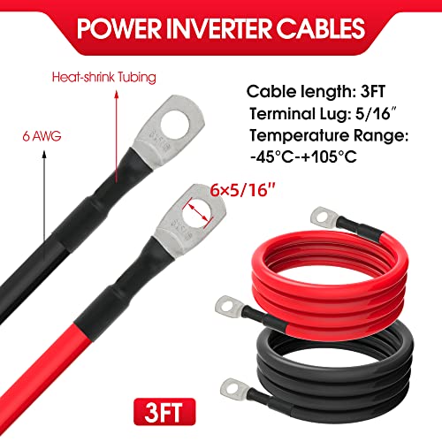6 AWG Battery Cables 6 Gauge Battery Power Inverter Cable with 5/16 Inch Tinned Copper Lugs Both Ends for Solar Marine Boat RV Car Motorcycle 2 pcs (3FT) - size: 3FT