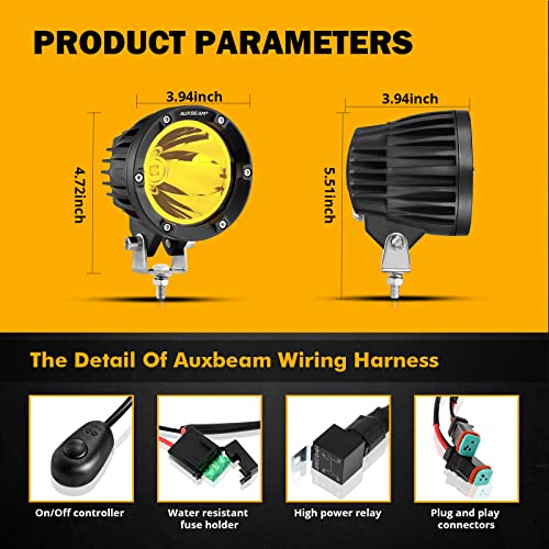 Auxbeam 4 Inch 72W Amber Fog Lights, 2PCS 7200LM LED Round Offroad Light Pods, Yellow Spot Beam Driving Off Road Work Light Bar with Wiring Harness Kit for Jeep Vehicle Pickup Trucks ATV UTV SUV - color: C4 Series-Yellow Spot Beam
