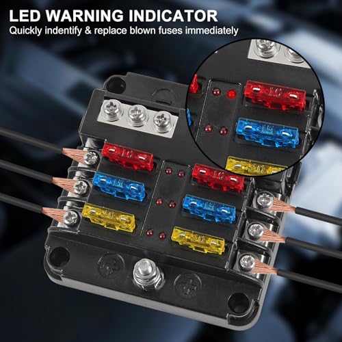 2Pcs 12V 24V Waterproof Fuse Block 6 Way ATO/ATC Fuse Box Holder Cover with LED Indicator Light for Marine Automotive Boat Car Truck