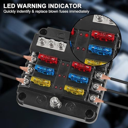 2Pcs 12V 24V Waterproof Fuse Block 6 Way ATO/ATC Fuse Box Holder Cover with LED Indicator Light for Marine Automotive Boat Car Truck