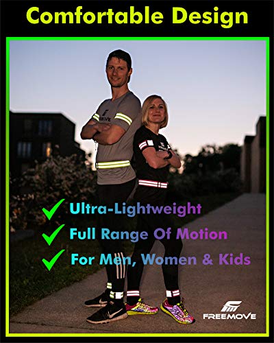 FREEMOVE Reflective SASH with 2 Bands - or - Reflective Runners Waist Belt with 4 Arm Bands > Easy to Put On/Off Reflective Gear for Guaranteed Visibility & Safety for Dog Walking, Running, Cycling - color: Yellow BELT and BANDS