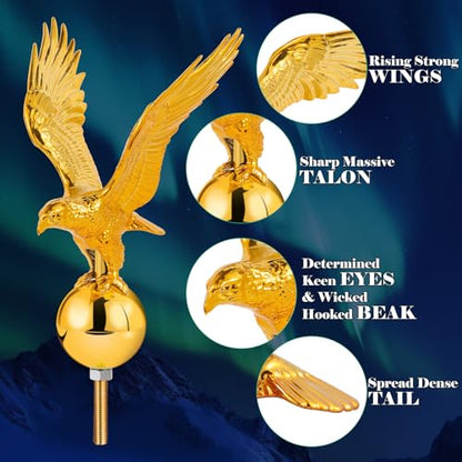 Golden Eagle Flagpole Topper, 13" Eagle Ornament for 20/25/30 Ft Telescopic/Sectional Flag Poles Outdoor, Fit 2" Standard USA Flag Poles, Auro 1 - Gold