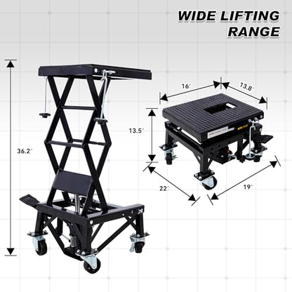 Hydraulic Motorcycle Scissor Jack Lift with Foot Step Lever and 4 Wheels, Adjustable Height from 13.5" to 36.2", 300 lbs Capacity, Lift Table for Dirt Bikes, ATVs, Motorcycles, Snowmobiles (Black)