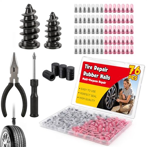 76PCS Tire Repair Rubber Nail Kit, 2 Sizes Premium Spiral Screw-in Tire Plugs, Tire Screw Plugs with Screwdriver, Pliers, Fast Self-Service Tool for Car, Truck,Motorcycle,Tractor Tire Puncture Repair - size: 76PCS
