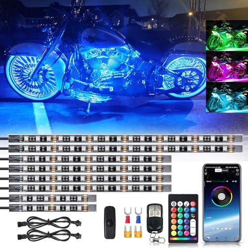 8PCS Segmented Motorcycle RGB LED Light Kits with Brake Turn Signal, Underglow Lights with APP/Dual Remote, Multicolor 12v Waterproof Underbody Neon Strips Lights for Harley Honda Kawasaki - size: 8PCS