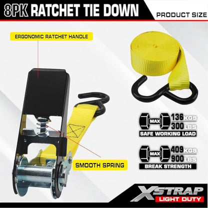 XSTRAP STANDARD 8-Pack Ratchet Tie Down Straps, 1" x 10ft, 900lb Break Strength Heavy Duty Straps for Motorcycles, ATVs, Lawn Equipment, Appliances & Truck Cargo - Yellow - color: Yellow