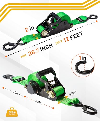 Strapinno Retractable Ratchet Tie-Down Straps,5,000 lbs Breaking Strength- 2 in x 12 ft Heavy Duty Ratchet Strap with Safety Lock S Hooks for Motorcycles, ATVs, UTVs, Lawn Equipment & Cargo (Green) - color: Green