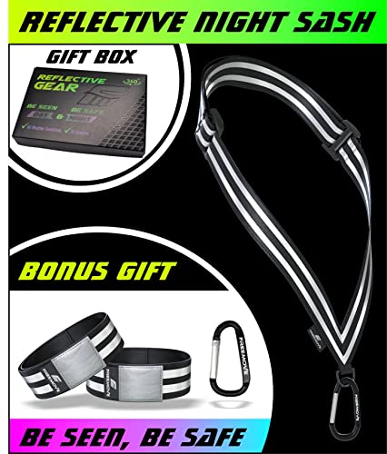 FREEMOVE Reflective SASH with 2 Bands - or - Reflective Runners Waist Belt with 4 Arm Bands > Easy to Put On/Off Reflective Gear for Guaranteed Visibility & Safety for Dog Walking, Running, Cycling - color: Black SASH and BANDS
