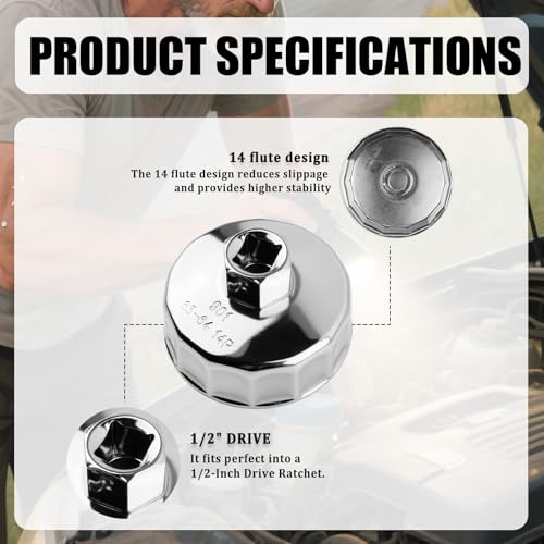 65-64mm Oil Filter Wrench,14 Flute Car Oil Filter Removal Tool Driven by 1/2" Tool,Non-slip Car Oils Filters Tools Automotive Tools Compatible with Honda Nissan Acura
