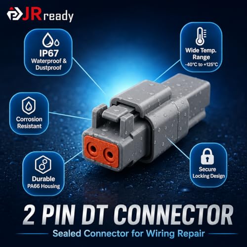 JRready ST6327-2 Deutsch 2 Pin DT Connector Kit 5 Sets, with Pin Removal Tool and Mounting Clips, Size 16 Stamped Contacts 14-18 AWG, for Car, Truck, Motorcycle, Off-Road Vehicles, Marine. - size: 2-Pin (5 Pairs)