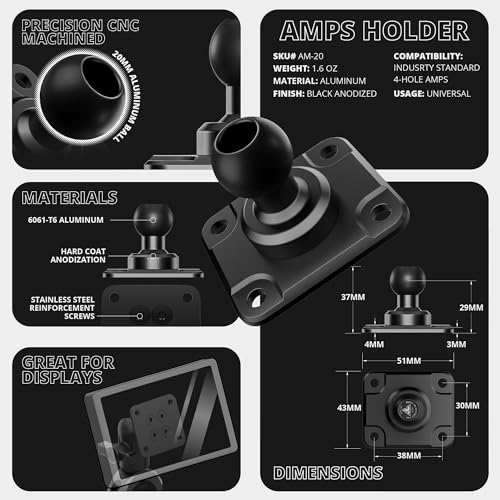 Tackform Black Motorcycle GPS/Tuner Holder - 4-Hole AMPS Pattern | Mirror Mount with Through Hole for M10 or 3/8" Bolt | Aluminum | Compatible with Garmin Zumo, Dynojet Tuner, More | Short Reach