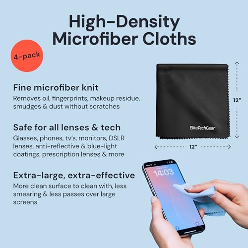 Elite Tech Gear Large Microfiber Cleaning Cloth (4-Pack) 12" x 12" - Glasses Cleaning Cloth for TV Screens, Camera Lenses and Tablets (Black) - color: Black, size: 12'' x 12'' (Pack of 4)