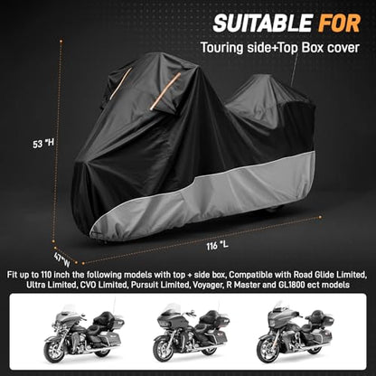 Waterproof Motorcycle Cover 420D Oxford Heavy Duty with Side Top Box Compatible with Harley Davidson Touring Ultra Limited Street Glide Road Glide Electra Glide (116" x 47" x 53") - color: Gray