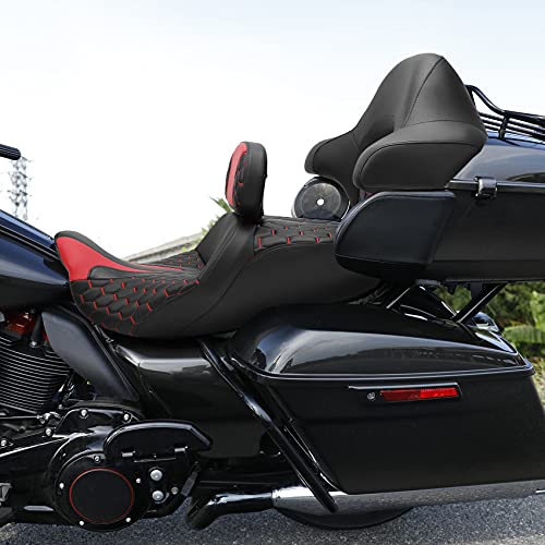 C.C. RIDER Motorcycle Hammock Seat+ Rider Backrest+ King/Chopped Trunk Backrest Pad Fit for Harley 2014-2023 Touring Road King FLHR Street Glide FLHX Road Glide FLTRX Electra Glide FLHT - color: 23# Red (Seat+ 2 Backrests)