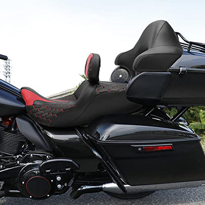 C.C. RIDER Motorcycle Hammock Seat+ Rider Backrest+ King/Chopped Trunk Backrest Pad Fit for Harley 2014-2023 Touring Road King FLHR Street Glide FLHX Road Glide FLTRX Electra Glide FLHT - color: 23# Red (Seat+ 2 Backrests)
