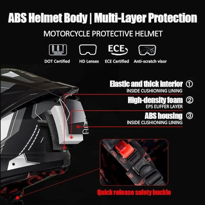 Bluetooth Full Face Motorcycle Helmet DOT Approved Modular Motorcycle Helmets with Built-in Sun Visor, Multi-Ventilation Ports, for Adults Men Women Casco Moto Hombres Mujeres - size: XXL61~62CM, style: K