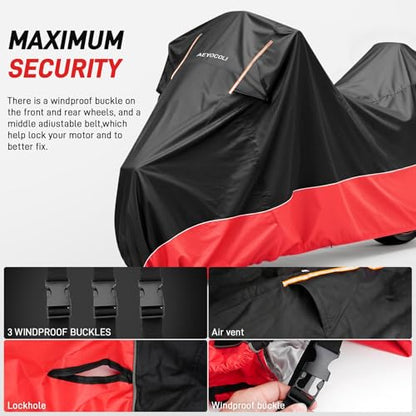 Waterproof Motorcycle Cover 420D Oxford Heavy Duty with Side Top Box Compatible with Harley Davidson Touring Ultra Limited Street Glide Road Glide Electra Glide (116" x 47" x 53") - color: Red