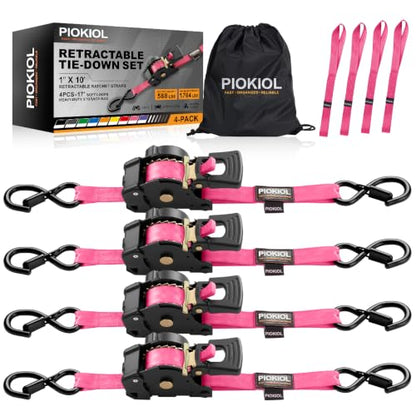 Retractable Ratchet Straps (4-Pack) - 1 Inch x 10 Feet (1,764lb Break Strength) - Heavy Duty Auto Self Retracting Tie Down Straps for Truck, Cargo Trailer, Motorcycle, ATV, UTV – Pink - color: Pink