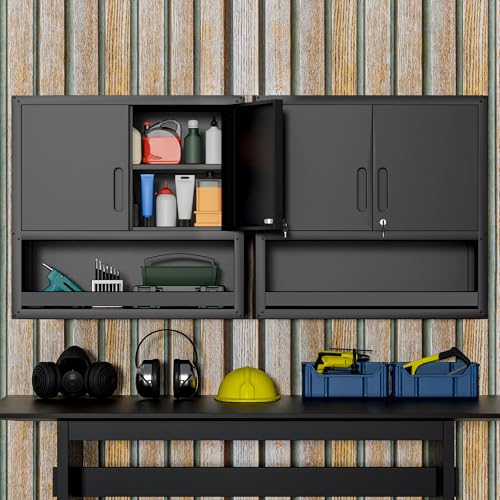 2-Pack Garage Tool Cabinet,Heavy Duty Steel Garage Storage System with Lockable Doors & Adjustable Shelves,Wall Mount Tool Cabinet Set for Workshop Organization,Black - color: Black