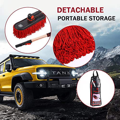 Car Duster Exterior Scratch Free,Car Dust Brush with Extendable Telescoping Handle to Remove Dust Pollen,Duster for Car,Truck,RV and Motorcycle,Large Auto Mop Duster Head, Wax Cotton Hair - color: Red Set-cotton