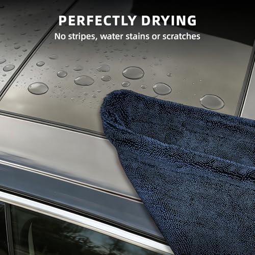 2-Pack 24" x 36" 11.8" x 11.8" Twisted-Loop Car Drying Towel 1500GSM Microfiber Cleaning Cloth for Car Trucks Motorcycles Streak Free Lint Free Ultra Absorbent Washing Cloth for Kitchen Window (Blue)