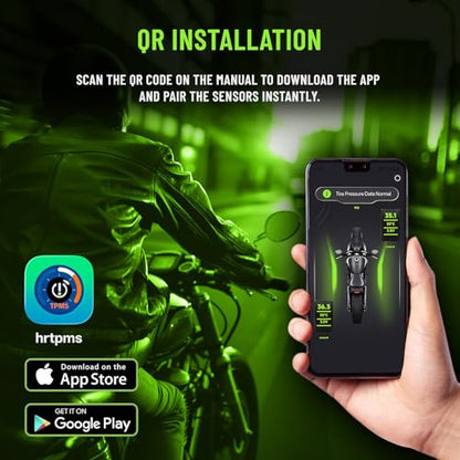 Motorcycle Tire Pressure Monitoring System, Bluetooth 5.0 Connect to Phone APP, Real-Time Tire Pressure & Temperature Display with Alarm, IP67 Waterproof External Sensors for Motorbike Scooter ATV